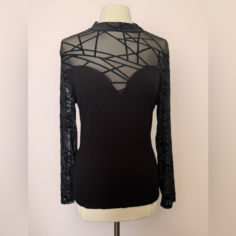 Shein Black Mesh Geometric Sheer Long Sleeve Gothcore Blouse Size 1XL